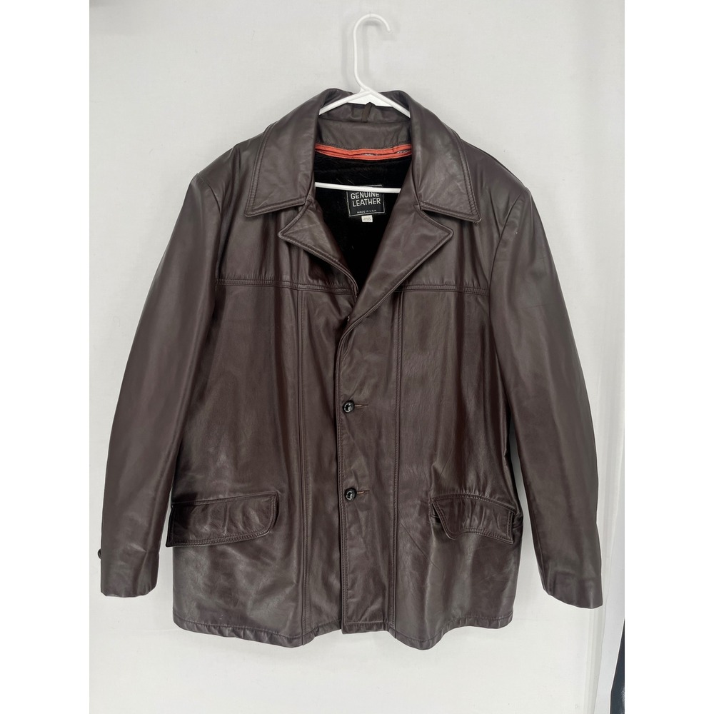 Genuine Leather Jacket Mens Faux Fur Lined Car Coat Brown Made in USA 2756